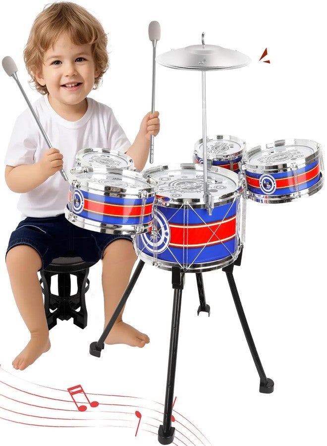 TWFRIC Toy Drum Set for Toddlers Upgrade Drums Kit Kids Jazz Drum Set with Stool, 5 Drums Percussion Musical Instruments Toys for 3 4 5 Year Old Boys Girls Gifts (Blue) - Image 1